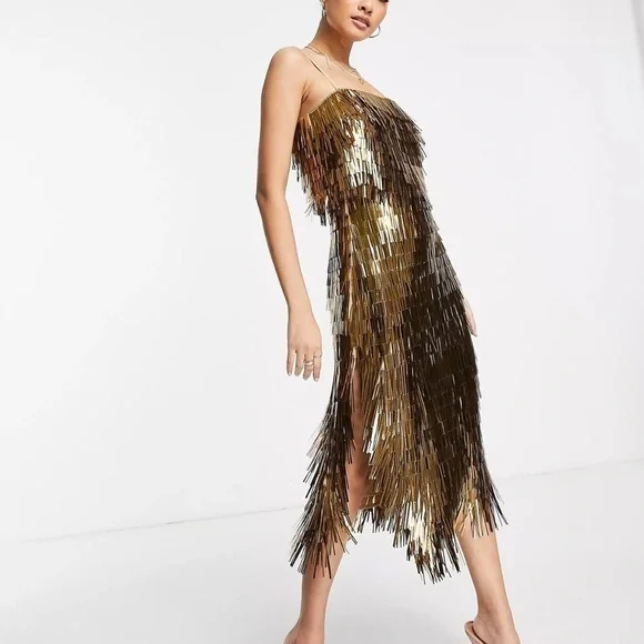 ASOS- Sold Out- Shard Detail Gold Metallic Midi Dress - Picture 4 of 8